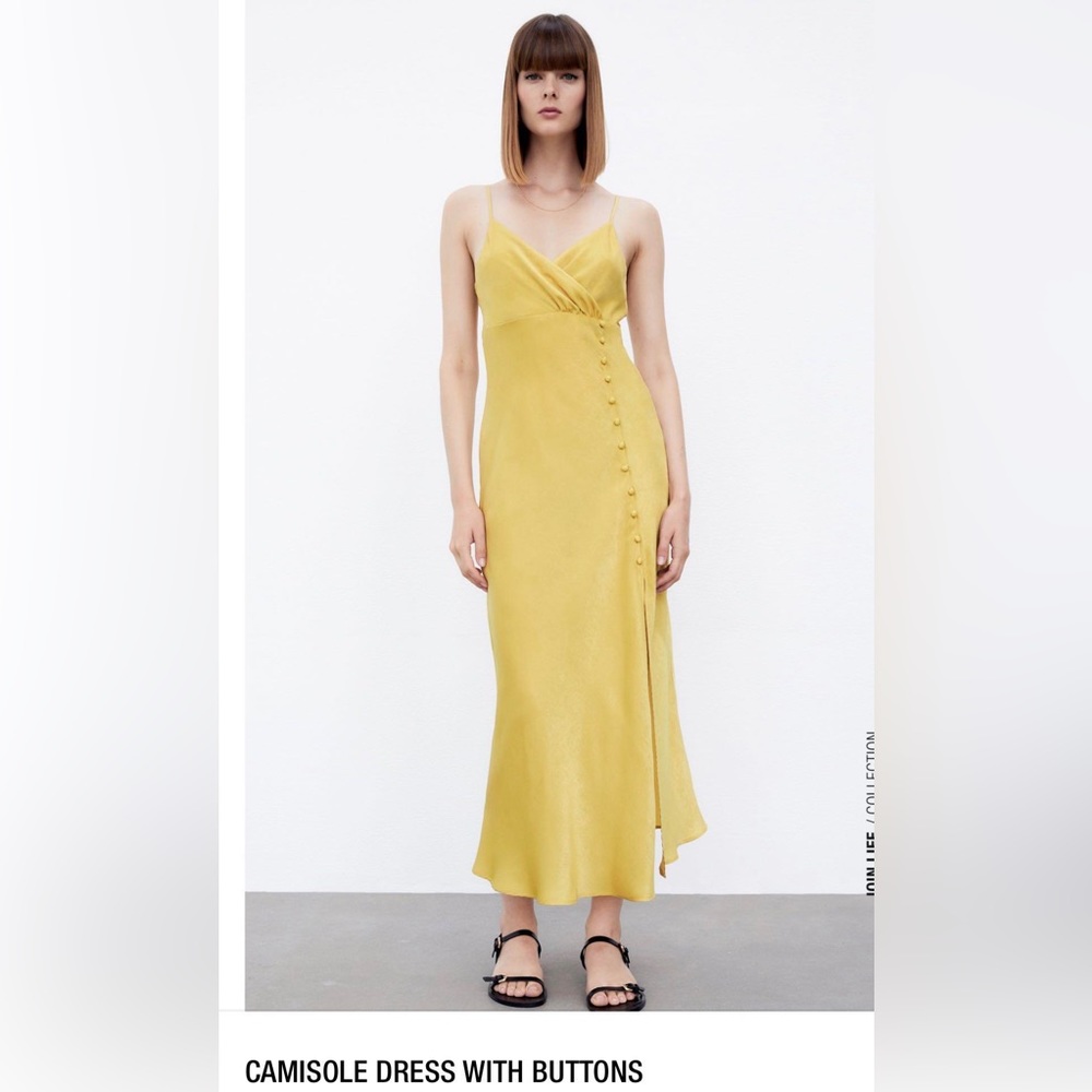 Zara Gold Satin Camisole Dress with Buttons 🟢